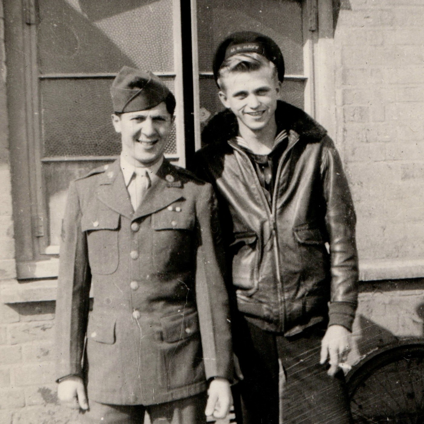 c1940s WWII US Army Soldier Sailor Leather Flight Jacket Snapshot Photo Bicycle