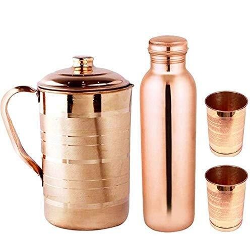 100% Pure Copper Jug Pitcher Glass Tumbler With Bottle Set For Health Benefits