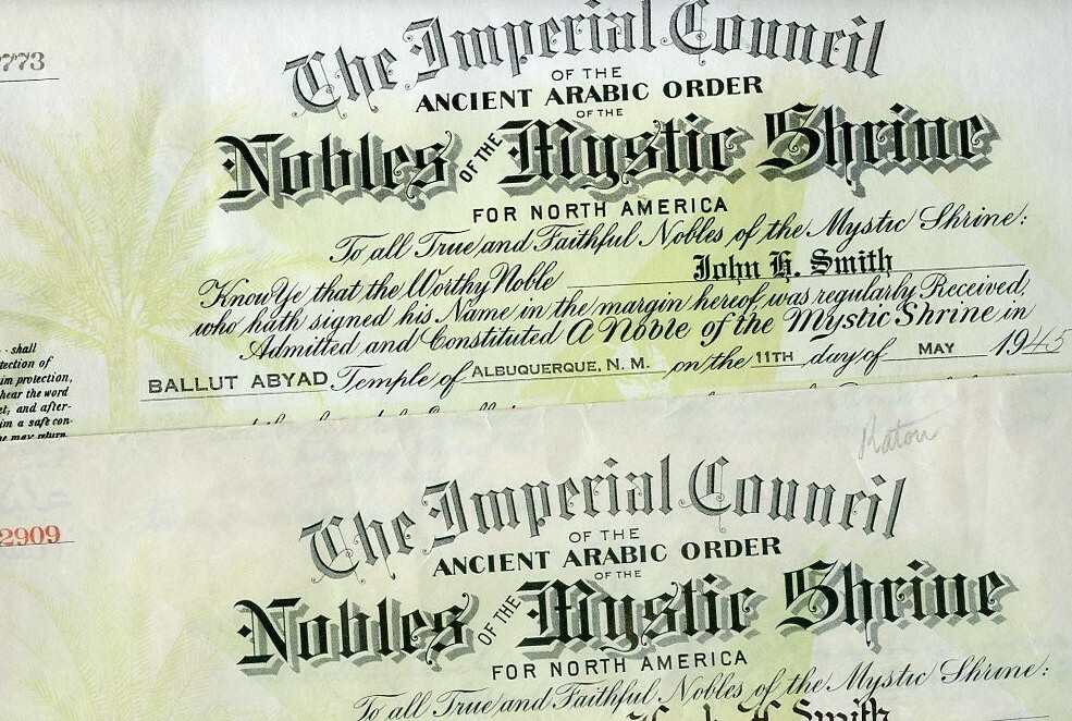 2 Older Nobles Mystic Shrine Certificates-Albuquerque New Mexico  - SMITH Family