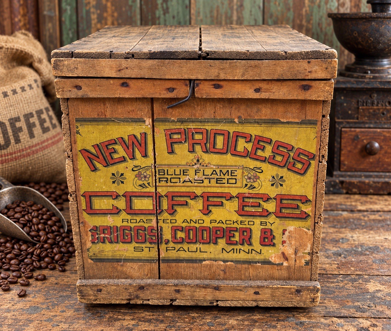 New Process Blue Flame Roasted Coffee Wood Crate General Store Box St Paul MN