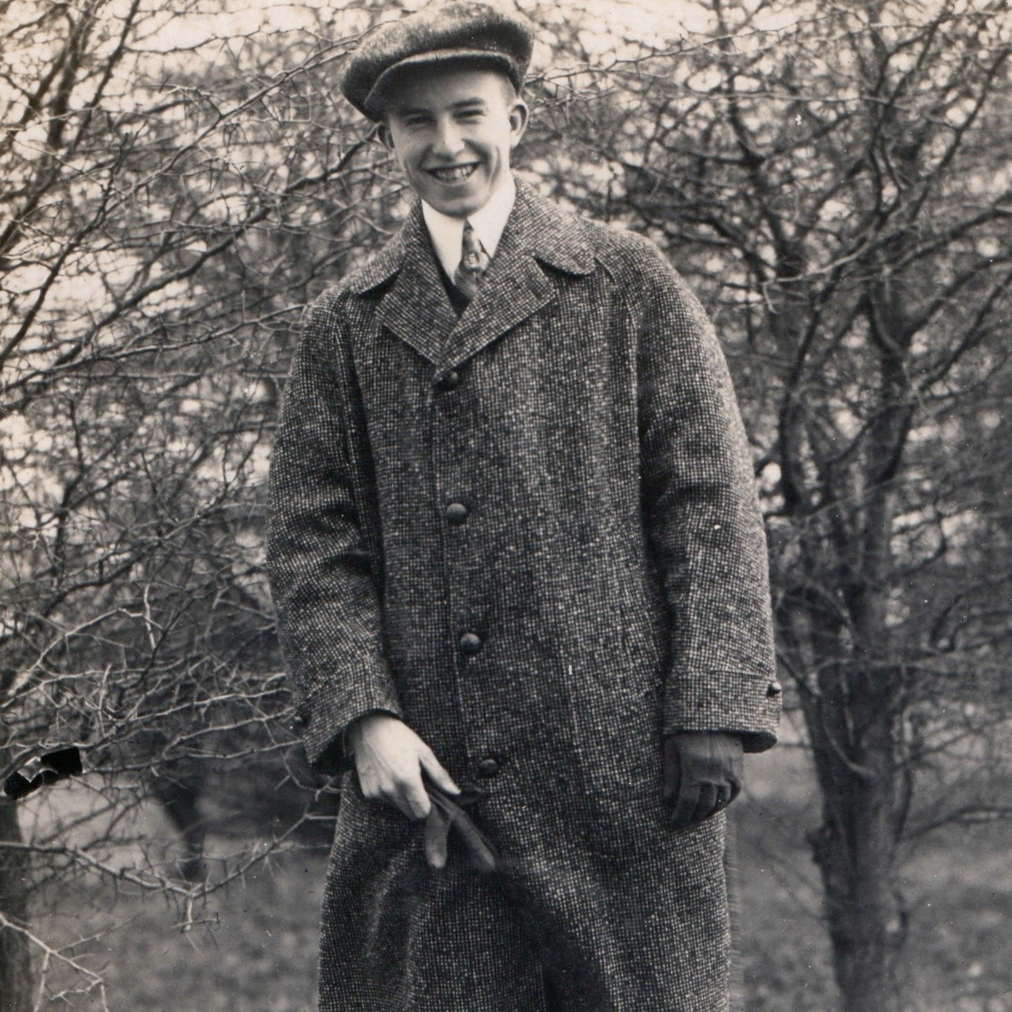 1914 Young Man Tweed Overcoat Flat Cap Snapshot Photo Orchard Trees Fashion Vtg