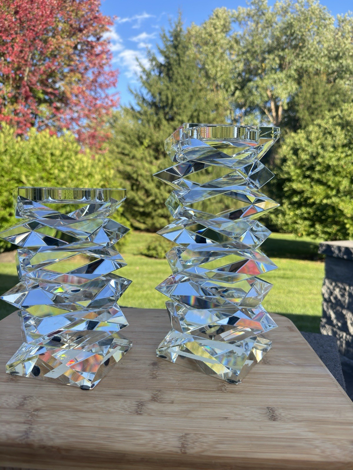 Vintage French Modernist Brutalist Heavy Stacked Crystal Candle Holder Set 11\