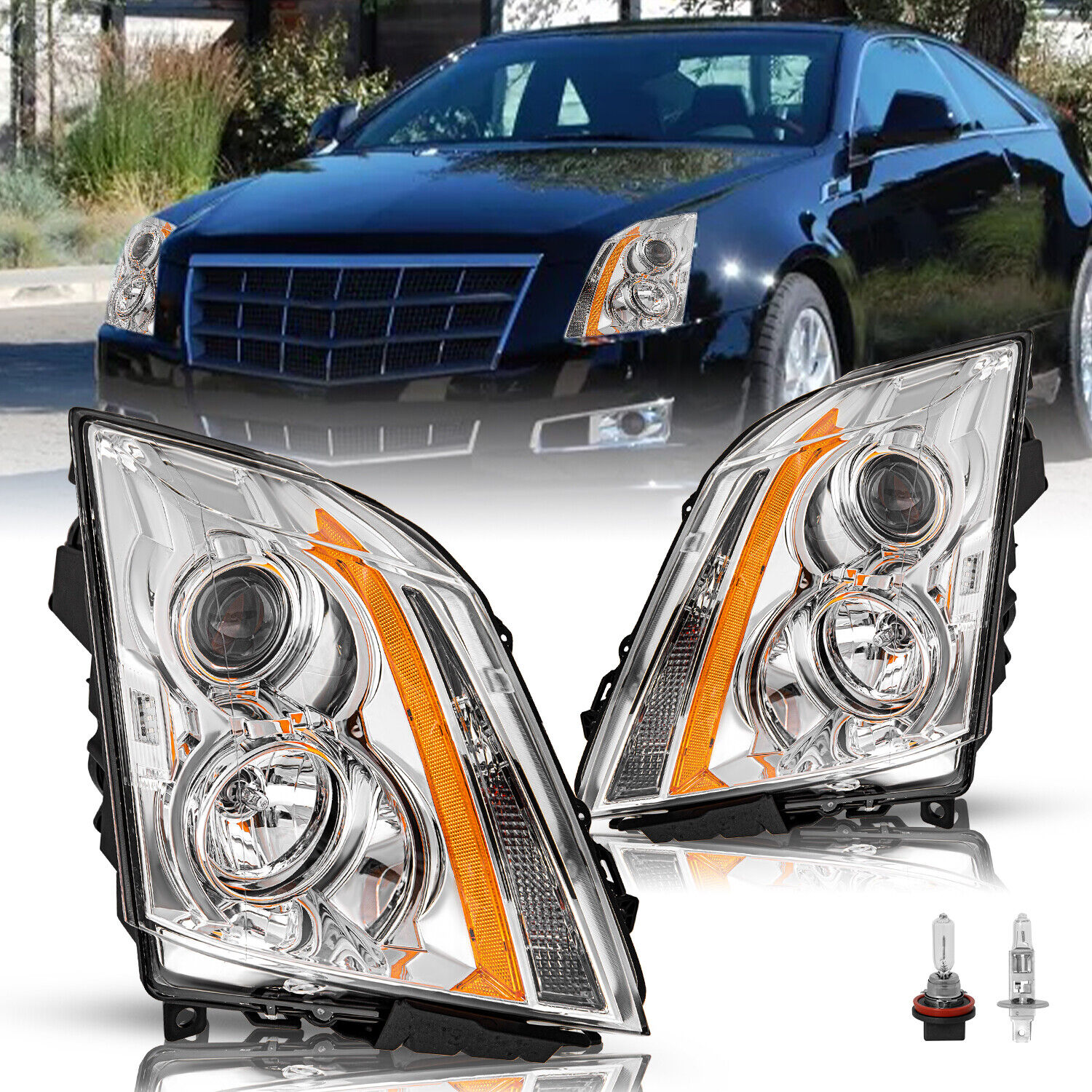 [Halogen Type] For 2008-2014 Cadillac CTS CT-S Chrome Headlights LH+RH w/Bulbs