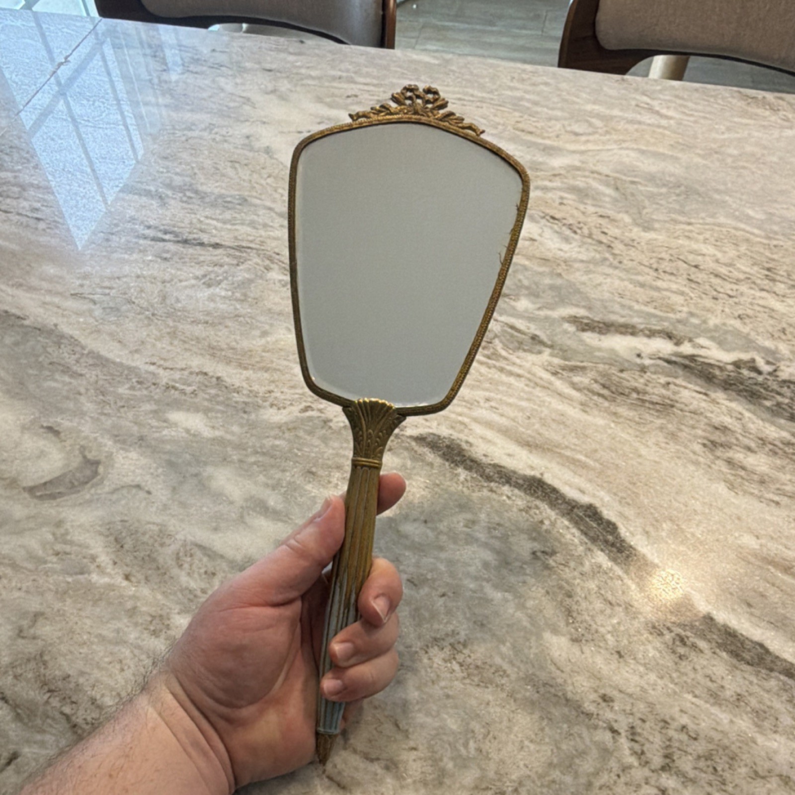 Vintage Art Deco Ornate Gold-Tone Hand Mirror Green Back Cameo Detail
