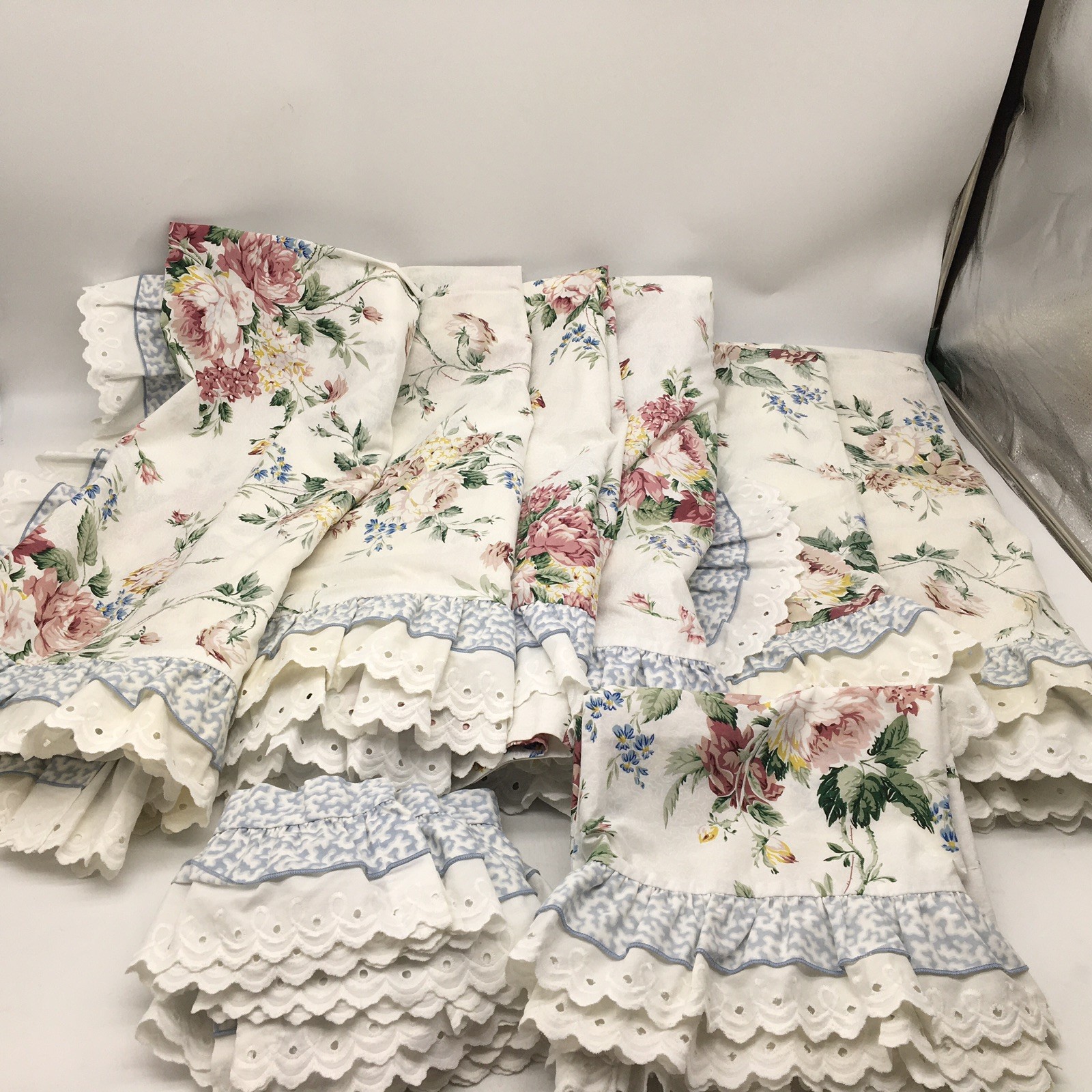 Waverly Belle Rive Floral Curtain 6 Panels 6 Tie back Valance Ruffle Eyelet READ