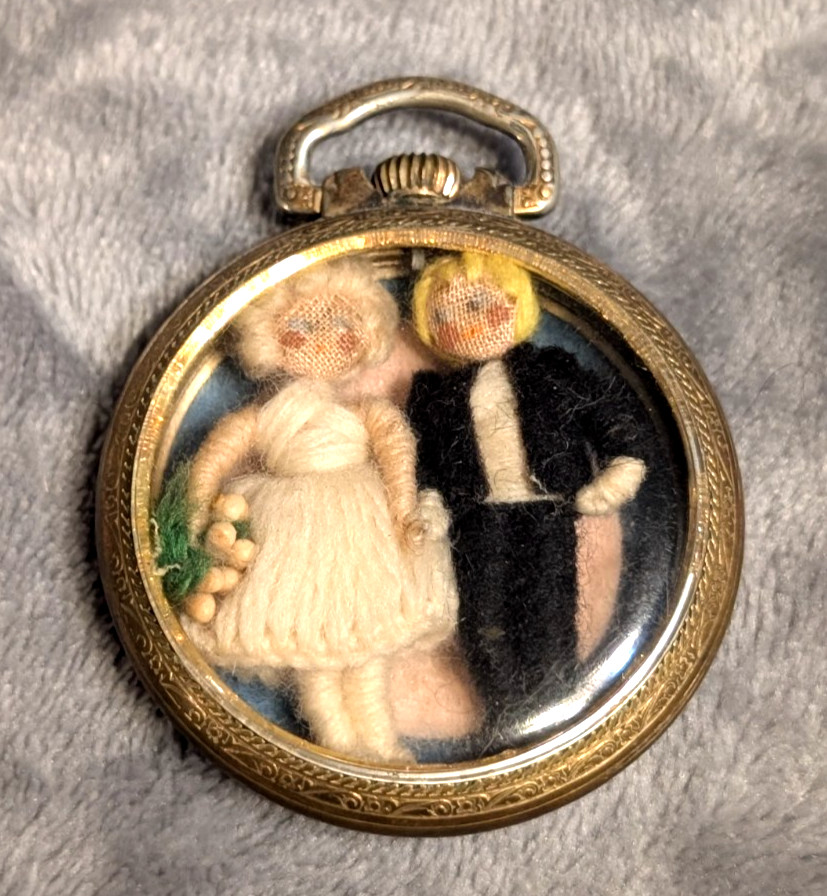 Antique Repurposed Pocket Watch Case Yarn Doll Wedding Miniature Glass Shadowbox