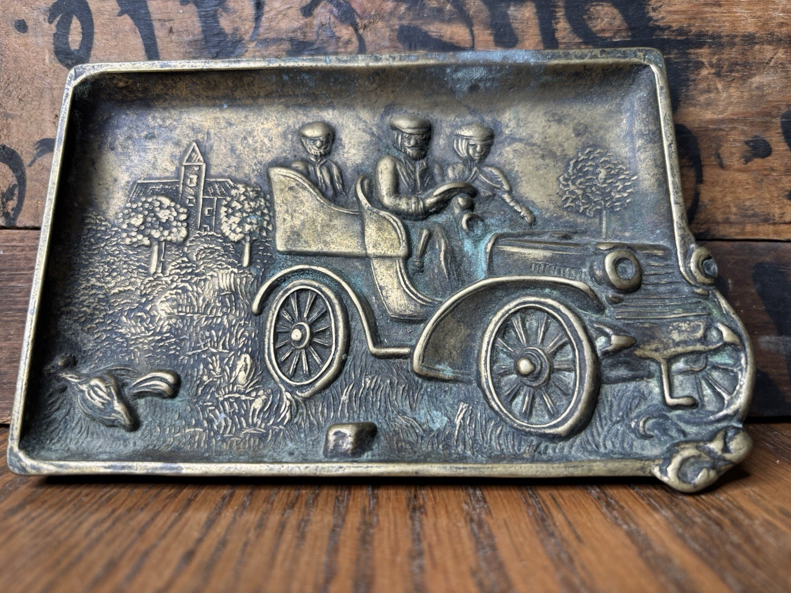 Vintage Antique Brass Automobile Ashtray Tobacciana Early Auto Oil Gas Embossed