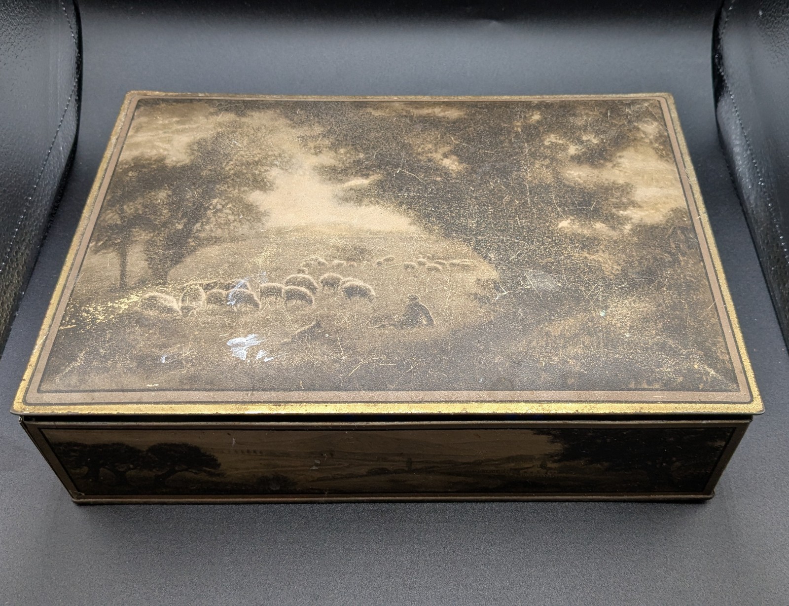 Antique 1910s National Biscuit Company Tin NBC Uneeda Sepia Sheep Pastoral Box