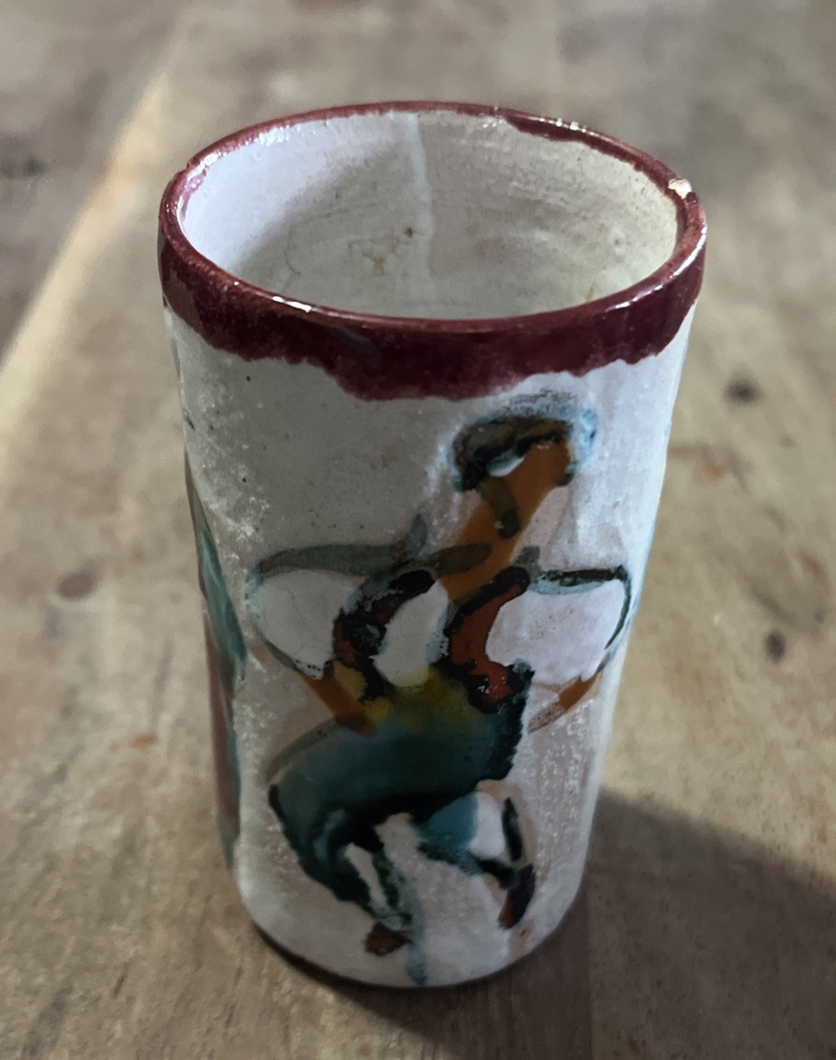 Vintage 1982 Mila Dubruvnik Folky Pottery Vase 3.5” Tall 2” Diameter