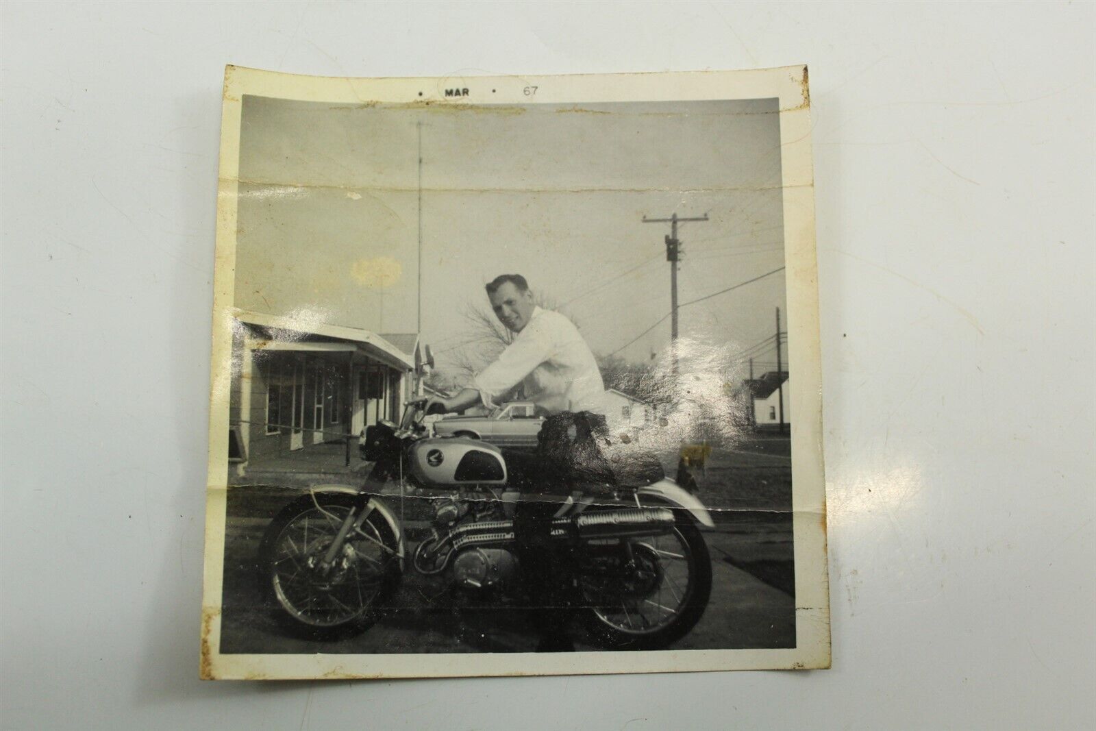Vintage Black & White Photo Man With Honda Motorcycle
