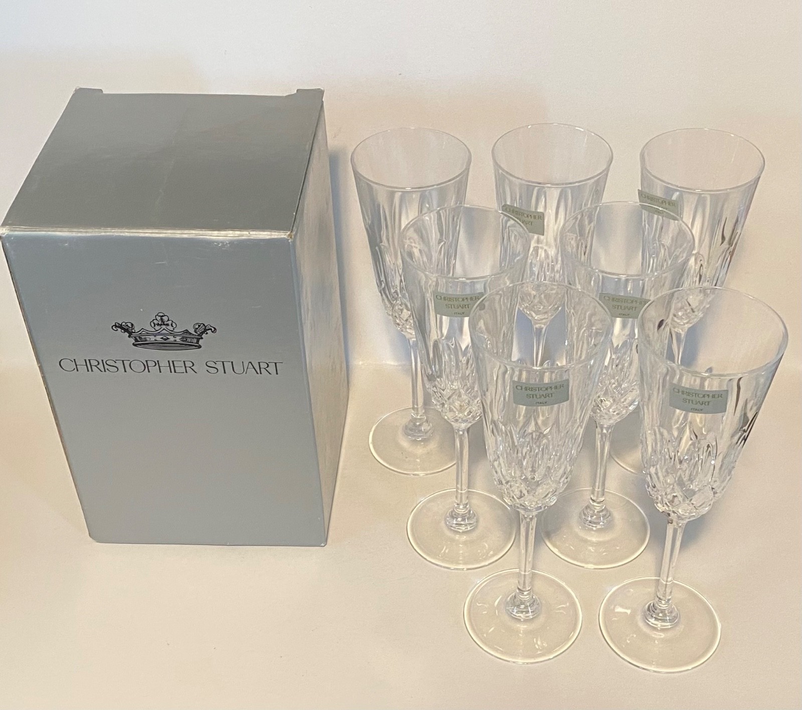 7 Christopher Stuart Crystal Cameo Fluted Champagne Glasses Italy New With Box