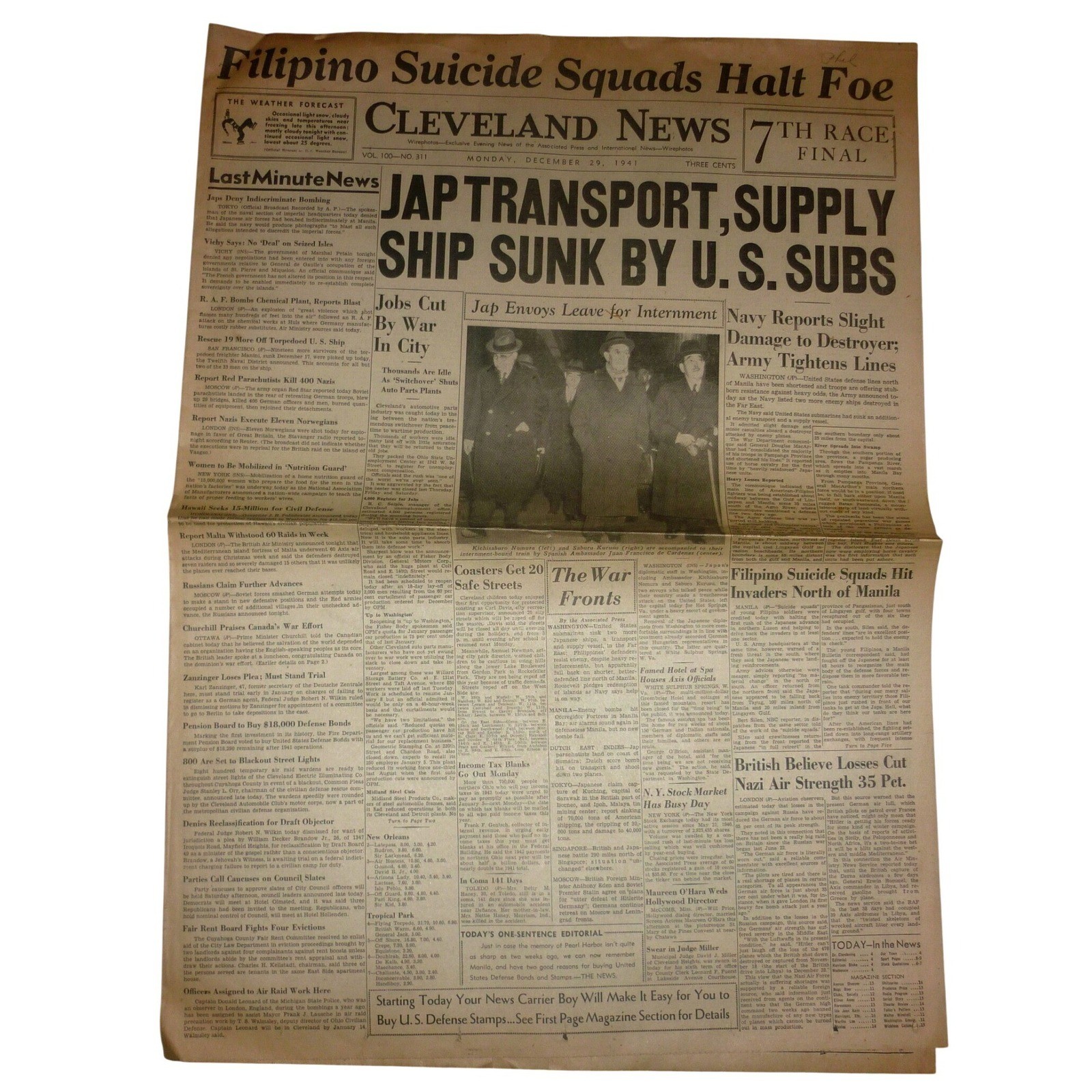 Vintage Dec 29 1941 Cleveland News Newspaper WWII Pearl Harbor Era Submarine