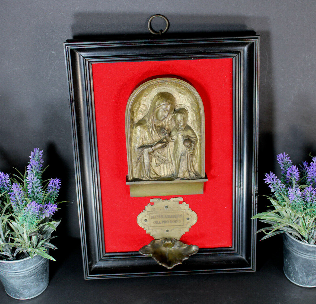 Antique Belgian silvermith Religious bronze plaque wall madonna holy water font