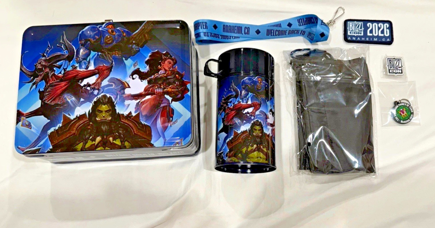 2026 BlizzCon Metal Lunchbox Tin Set w/ Tumbler Bottle, Lanyard, Bag & Pins