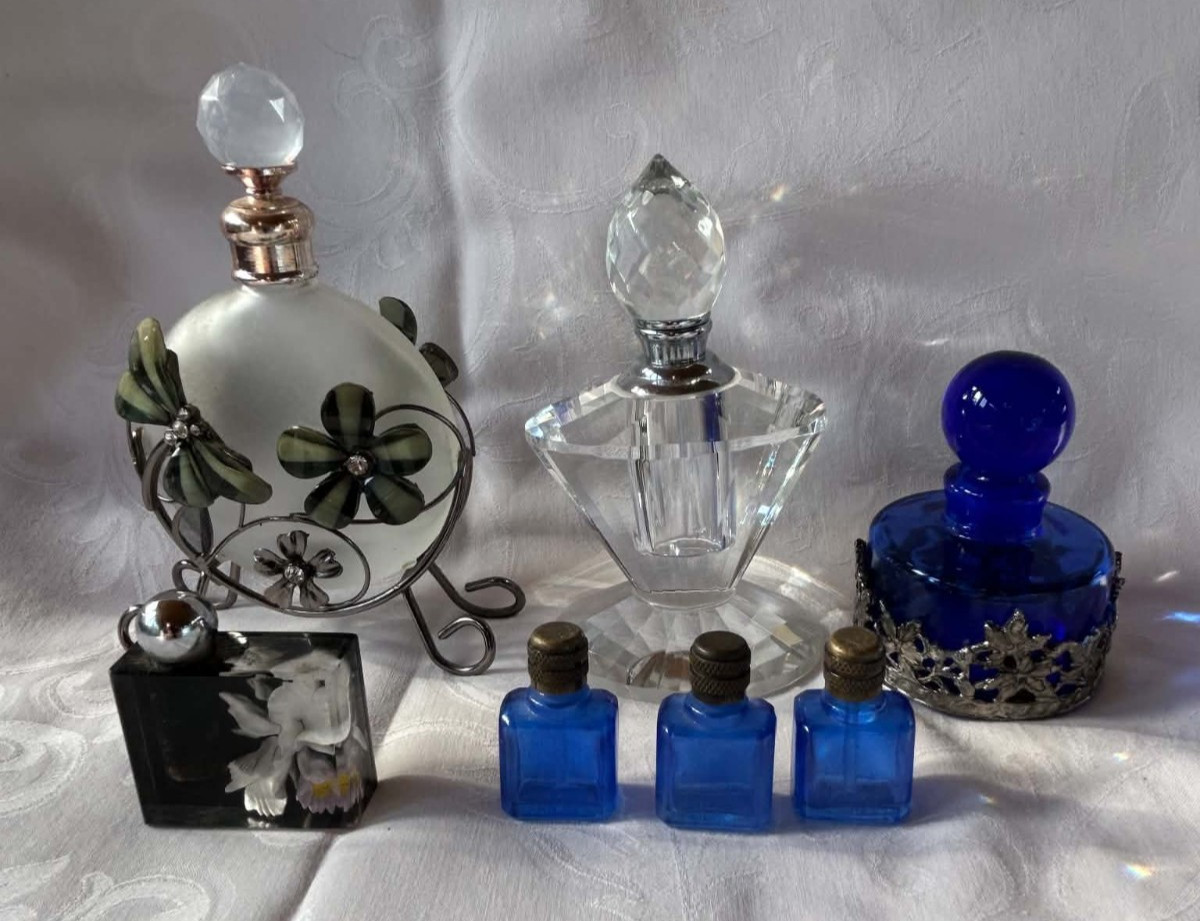 Job Lot 7 Vintage Perfume Bottles Collection - Cobalt Blue, Crystal, Art Deco