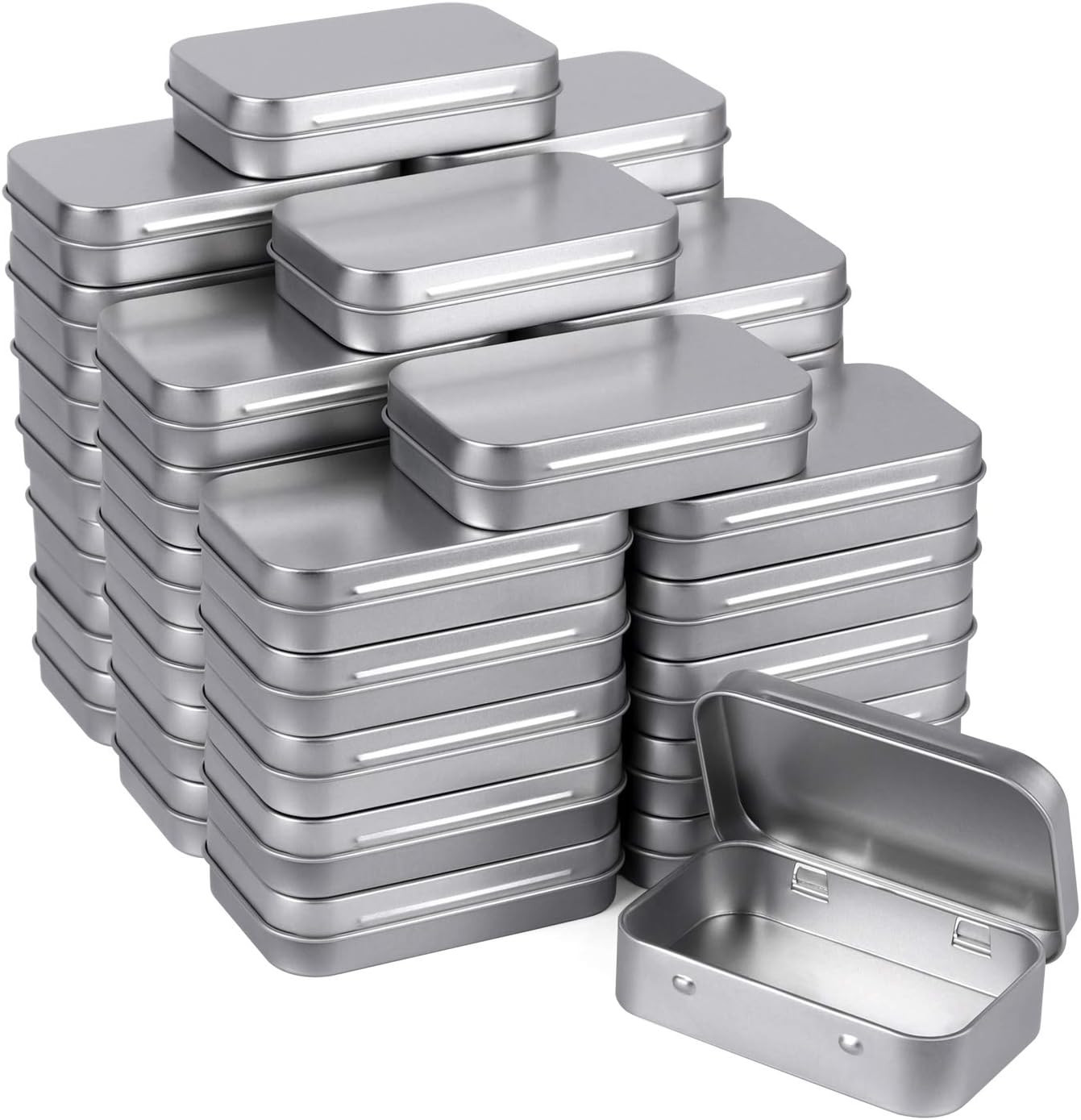 Metal Rectangular Empty Hinged Tins, Pack of 40, Silver Metal Rectangular Empty Hinged Tins, Pack of 40, Silver