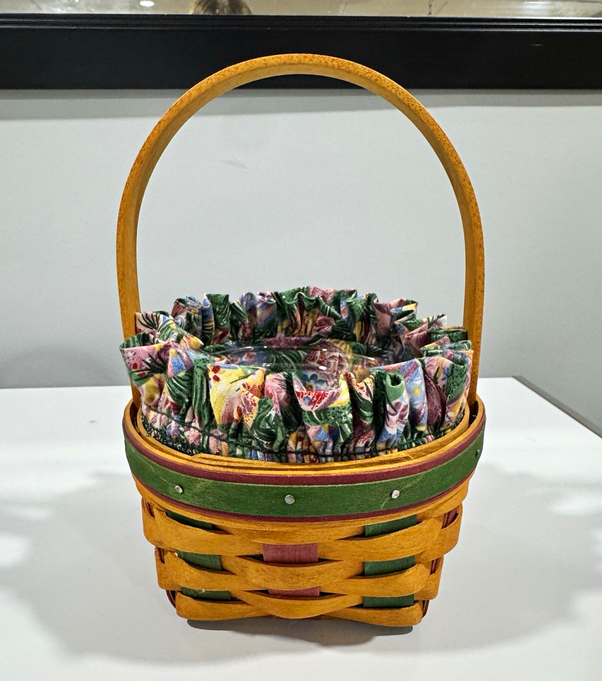 Longaberger 1989 Handmade Woven Round Basket w/ Handle & Floral Fabric Liner
