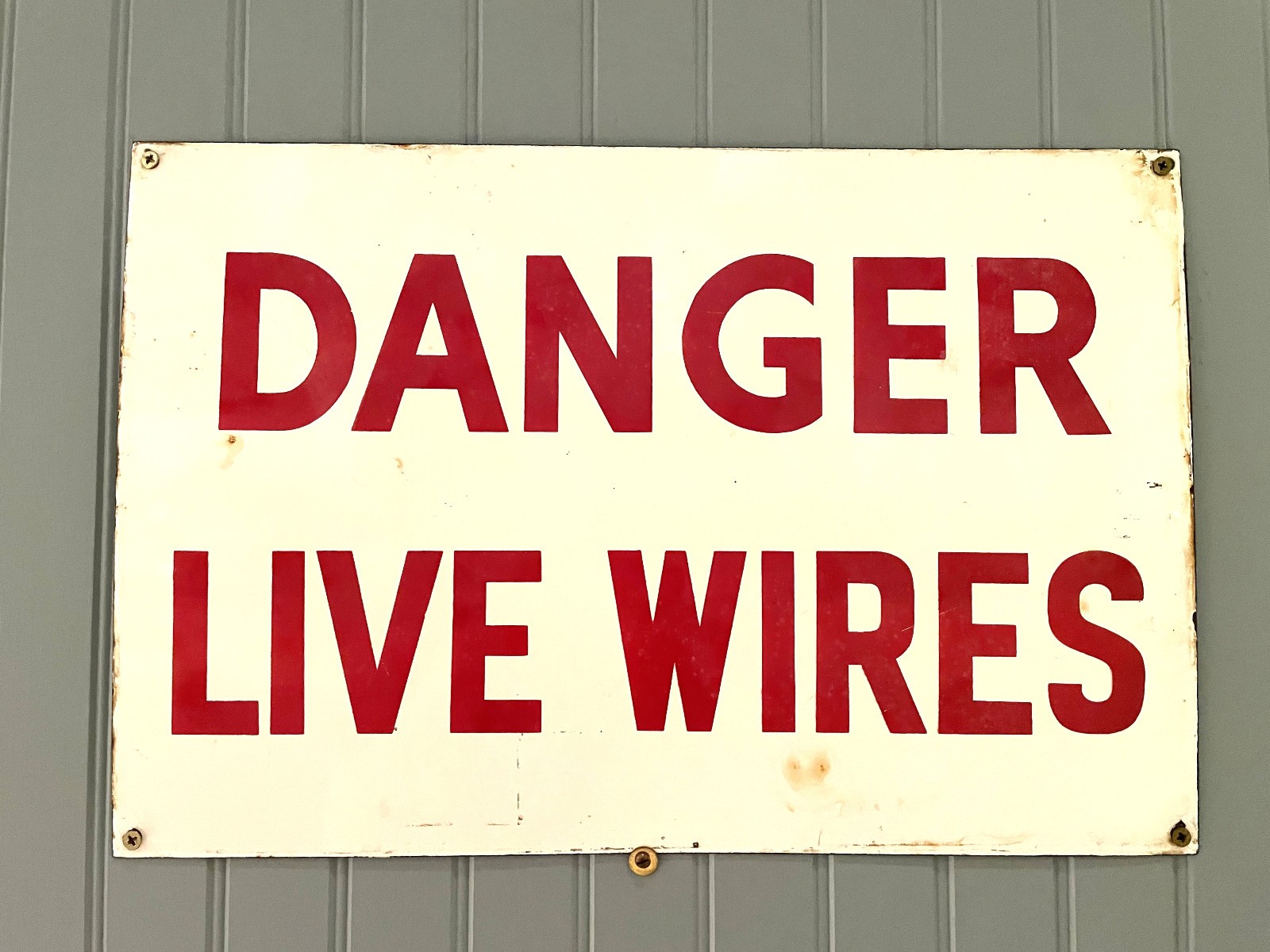 Vintage DANGER LIVE WIRES Enamel / Porcelain Steel Sign 12\