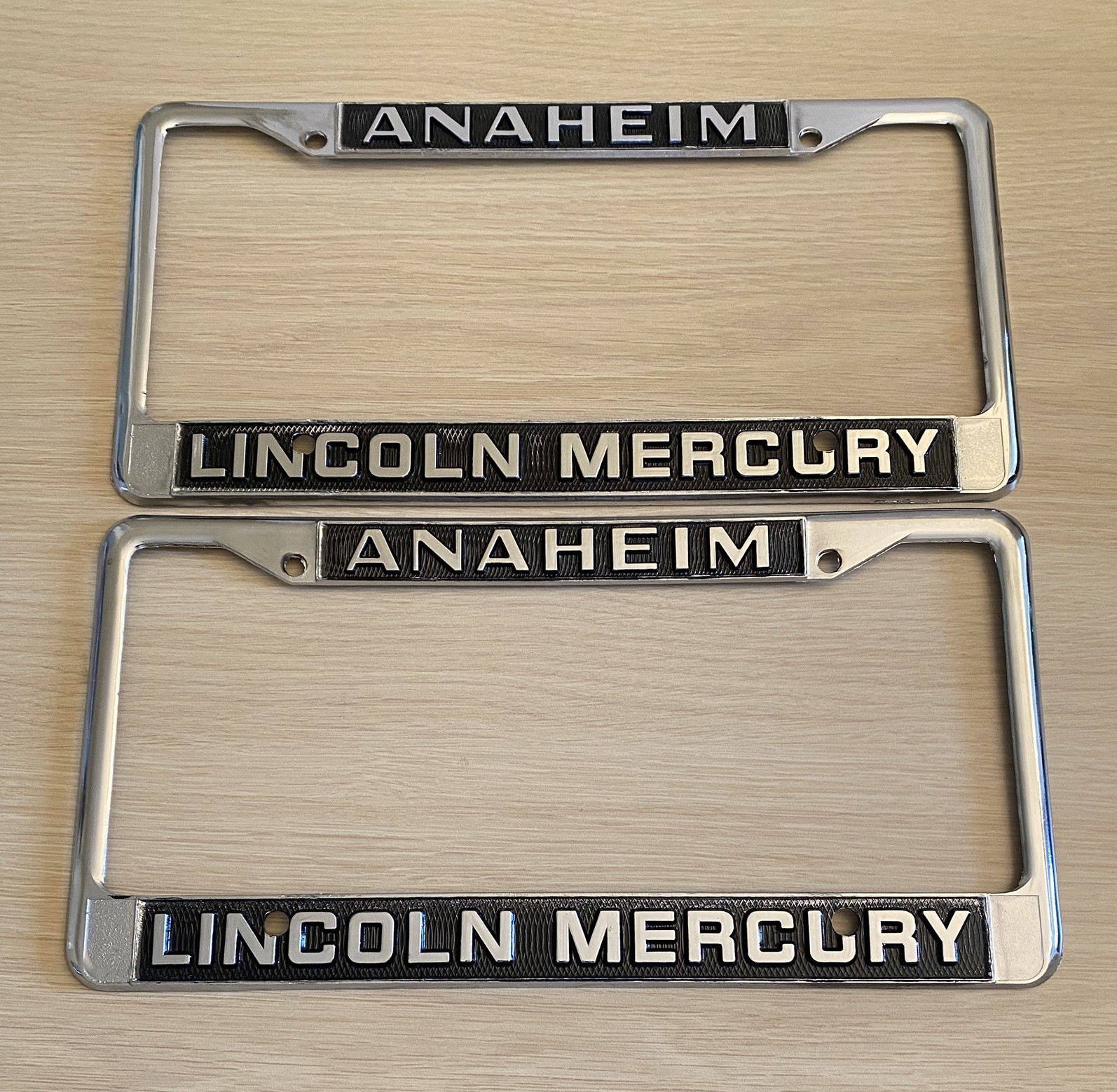 Pair Vintage Anaheim Lincoln Mercury Dealership Metal License Plate Frames SoCal