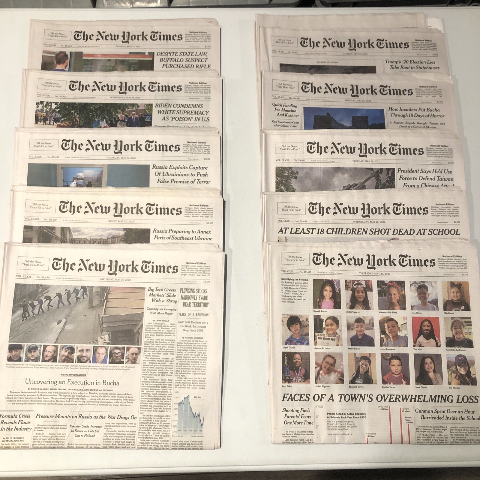 New York Times 10 Used Newspapers Lot - May 17 18 19 20 21 22 23 24 25 26, 2022
