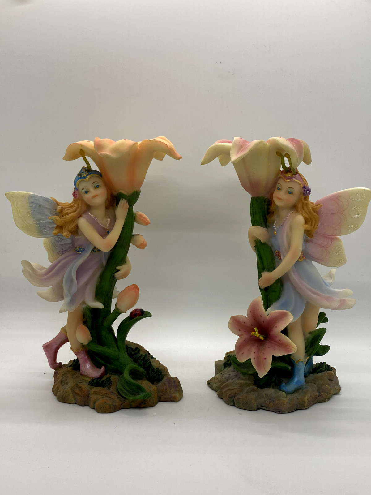 Pair of Fairy Holding Flower  Candle Holder  Figurine Statue by Long Arch 2002