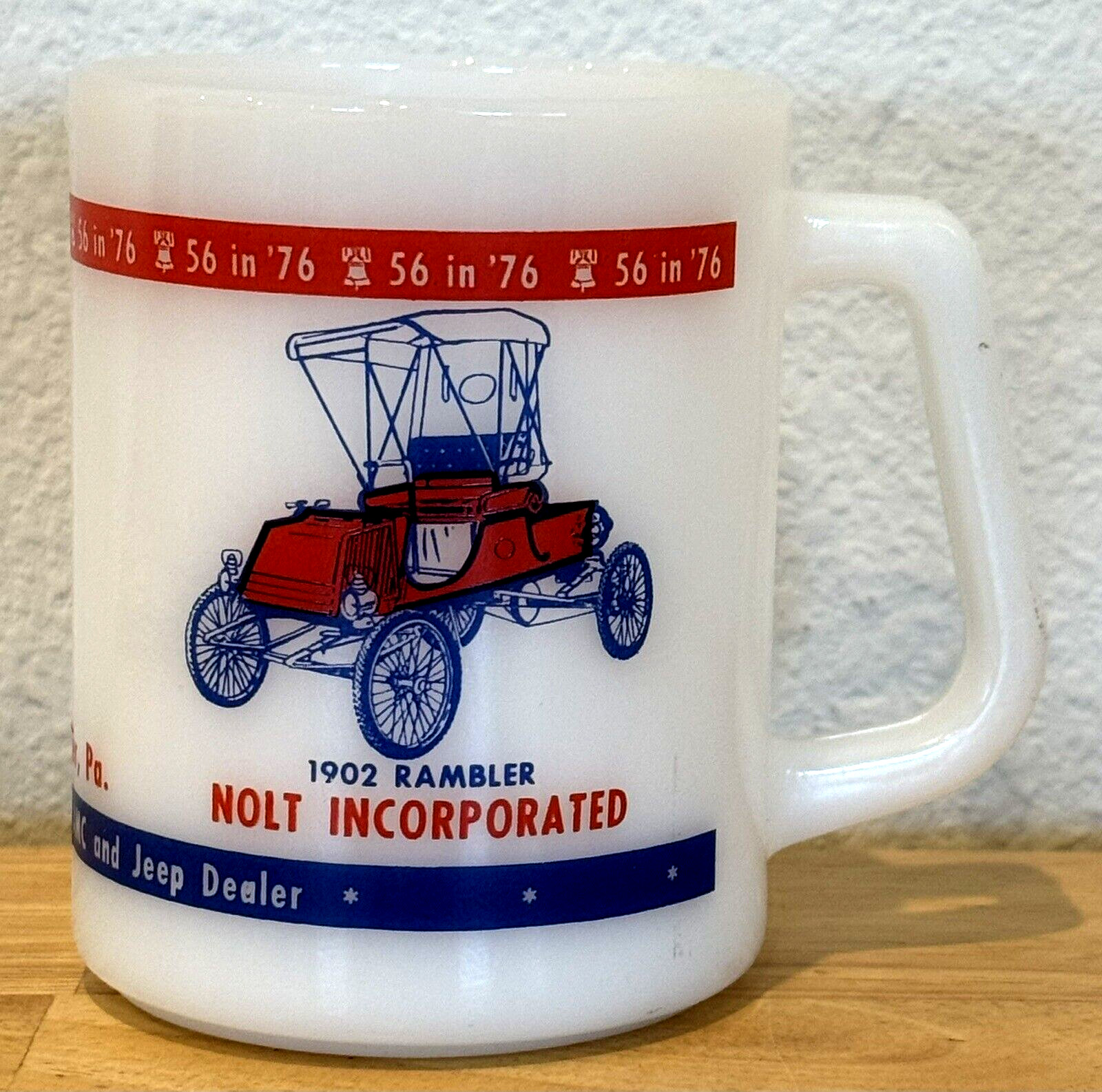 VINTAGE NOLT INCORPORATED CAR DEALER B'DAY FEDERAL MILK GLASS ADVERTISEMENT MUG