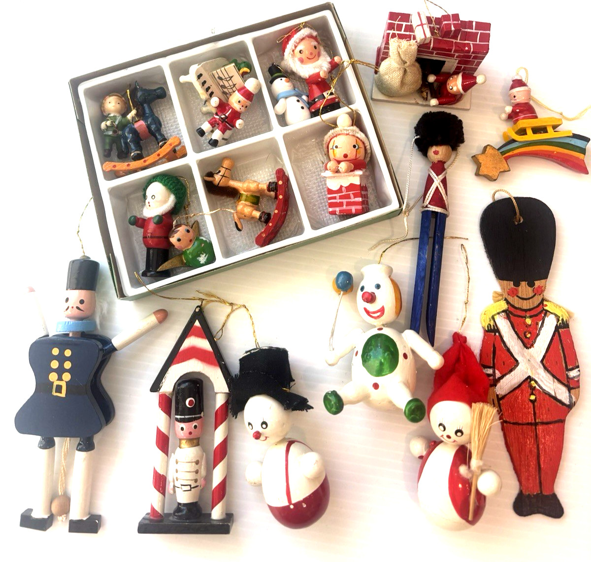 VTG '50s - '60s LOT 19 Painted Wooden Christmas Tree Ornaments Some Mini Adler