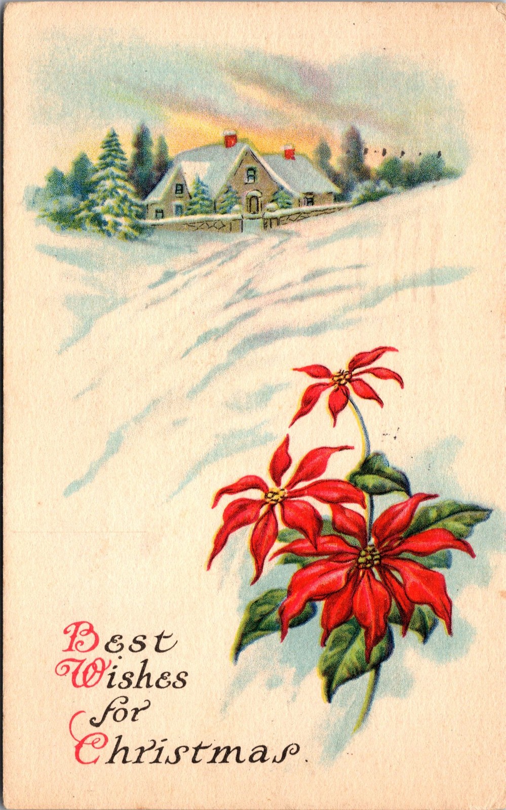 Vintage 1925 Christmas Postcard Poinsettia Snowy Cottage Rochester Postmark