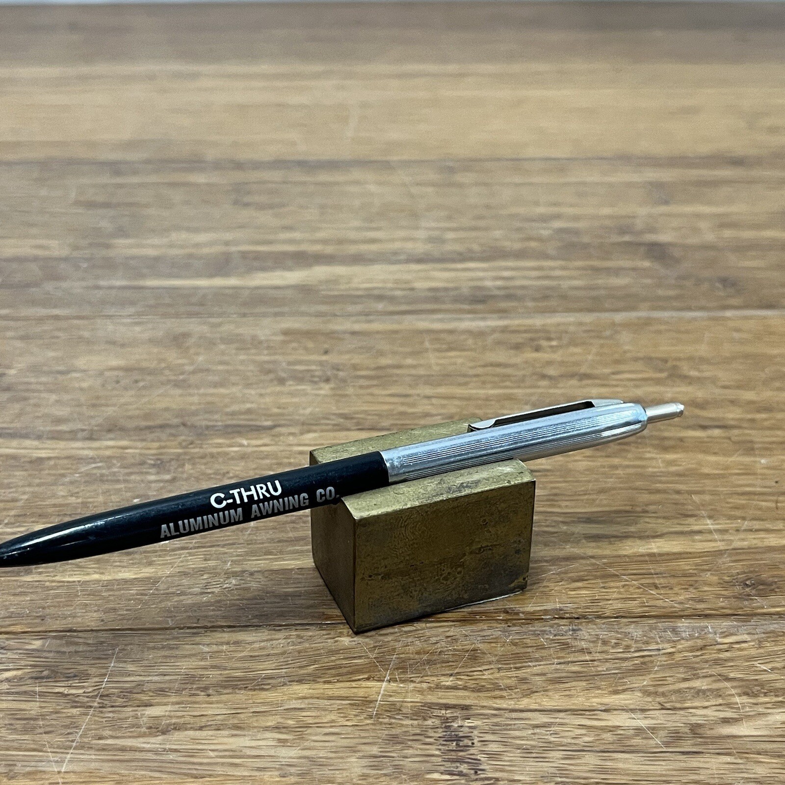 Vintage C-Thru Aluminum Awning Advertising Pen Click Ballpoint Black Chrome Body