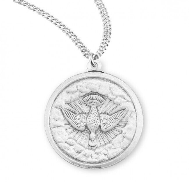 Holy Spirit Round Sterling Silver Medal 1.0 Inch x 0.9 Inch Rhodium Plated Chain