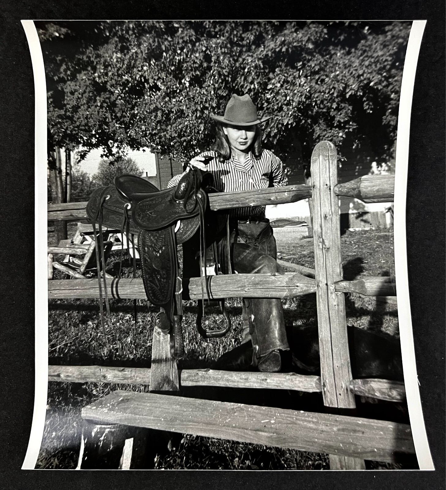1949 Cowgirl Model Western Mid-West Woman Rancher Saddle Fence Vintage Photo