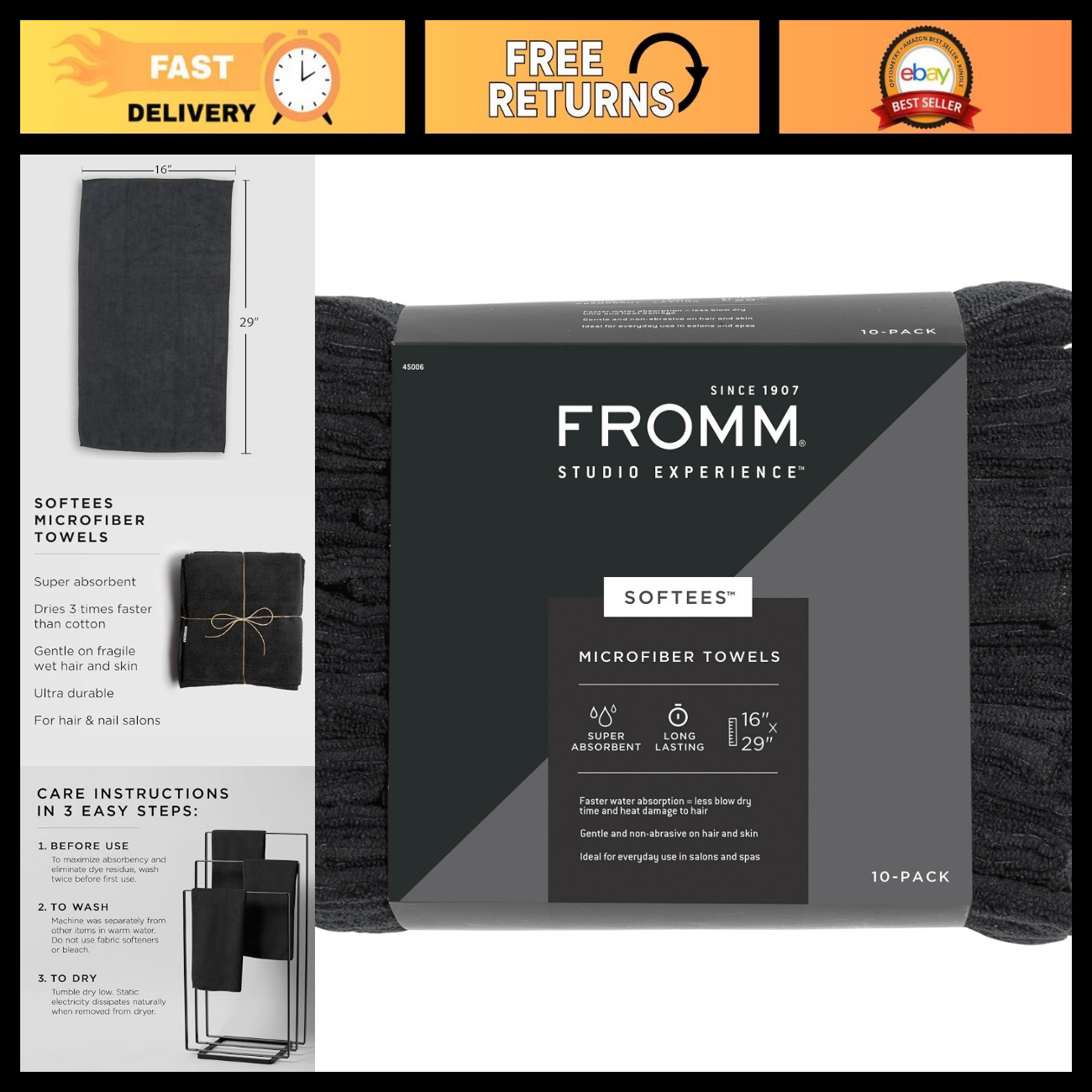 Fromm Softees Microfiber Salon Hair Towels, Fast-Drying, 10-Pack, Black