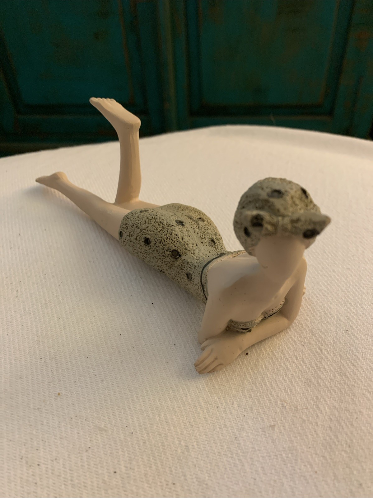 Vintage Bathing Beauty Bisque Figurine Green Moss Suit and Cap