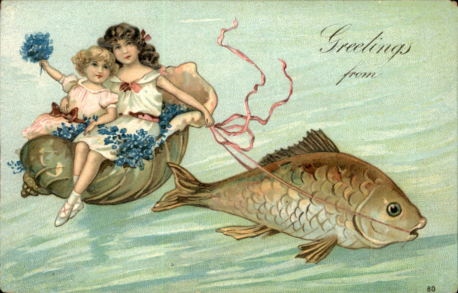 Children on a fish Fantasy Embossed c1900s-10s Vintage Postcard bhn