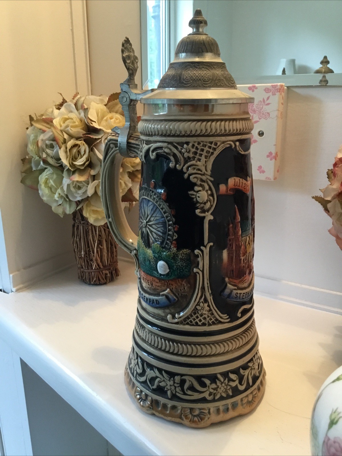 Vintage Working Musical Wind Up German Beer Stein Tankard with a Pewter Lid