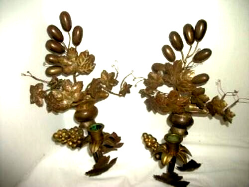1890s French Chruch Altar Bronze Sconces Candle Grapes Flowers Vase Antique Rare