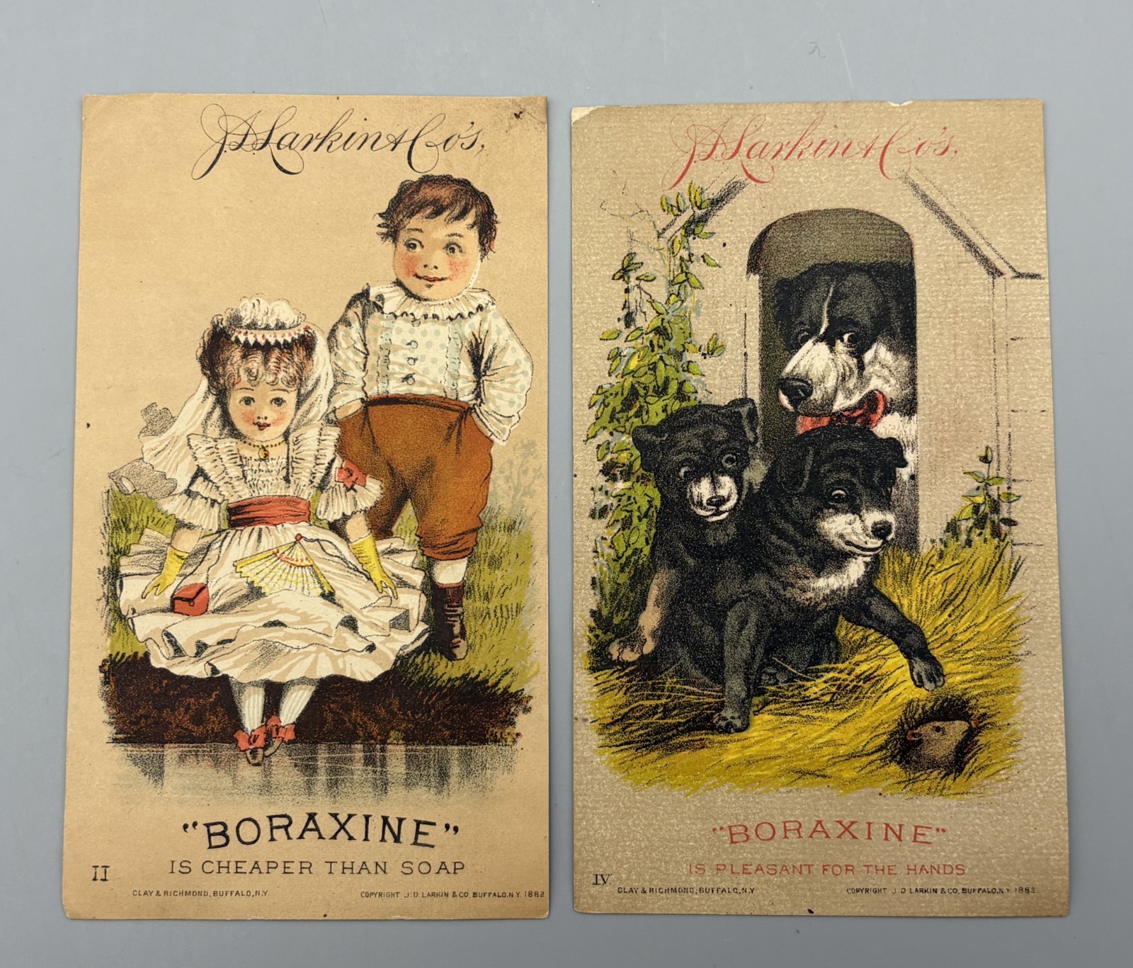 Lot 2 Antique Victorian Boraxine Adverstising Trade Cards Child Couple & Dogs