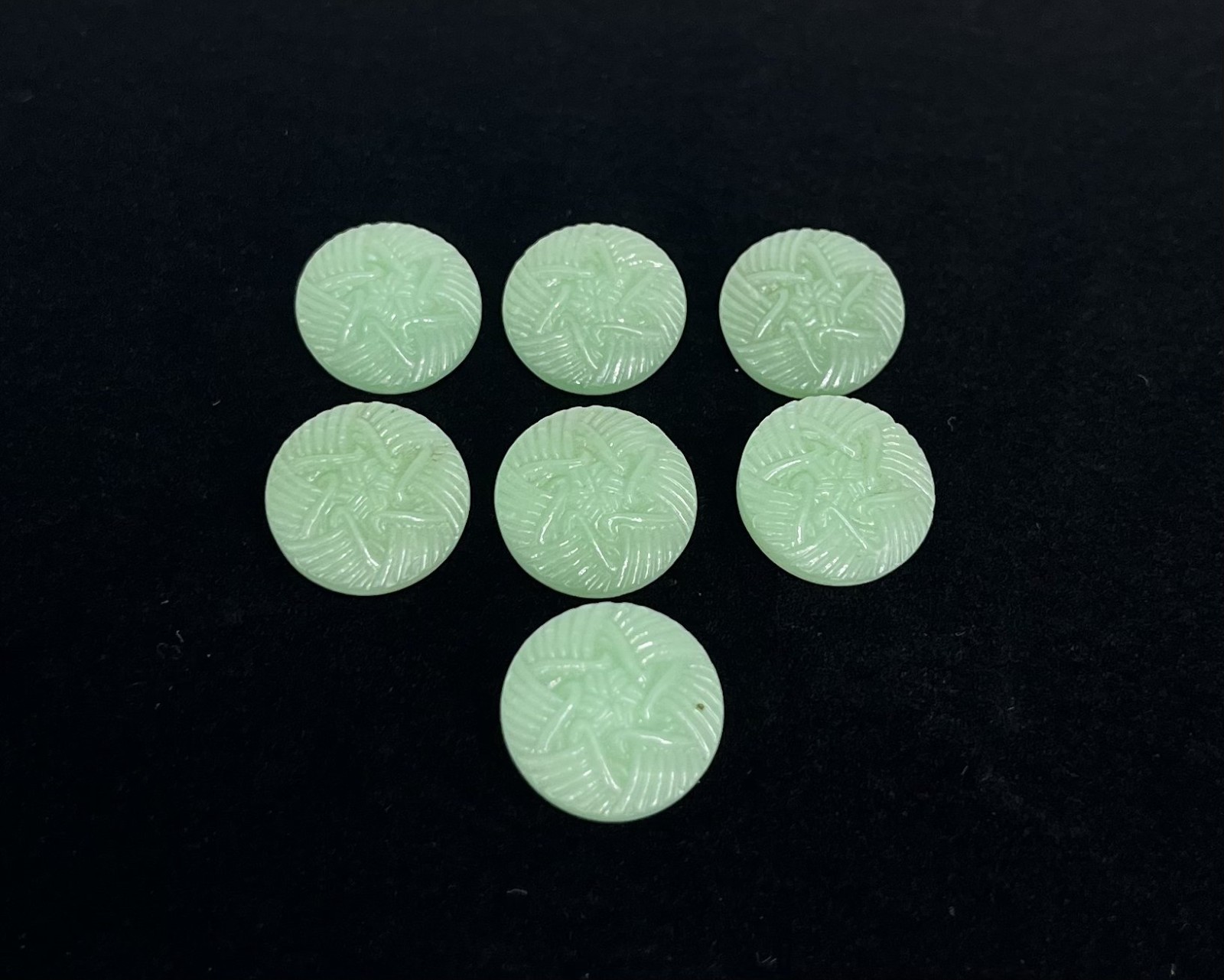 (7) NOS Small Green Czech Uranium Glass Shank Round Buttons VTG Glows