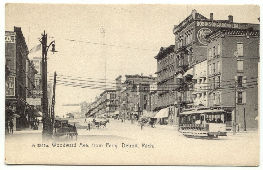 Detroit MI Woodward Ave. Trolley Stores Wagons Rotograph Co. Postcard Michigan