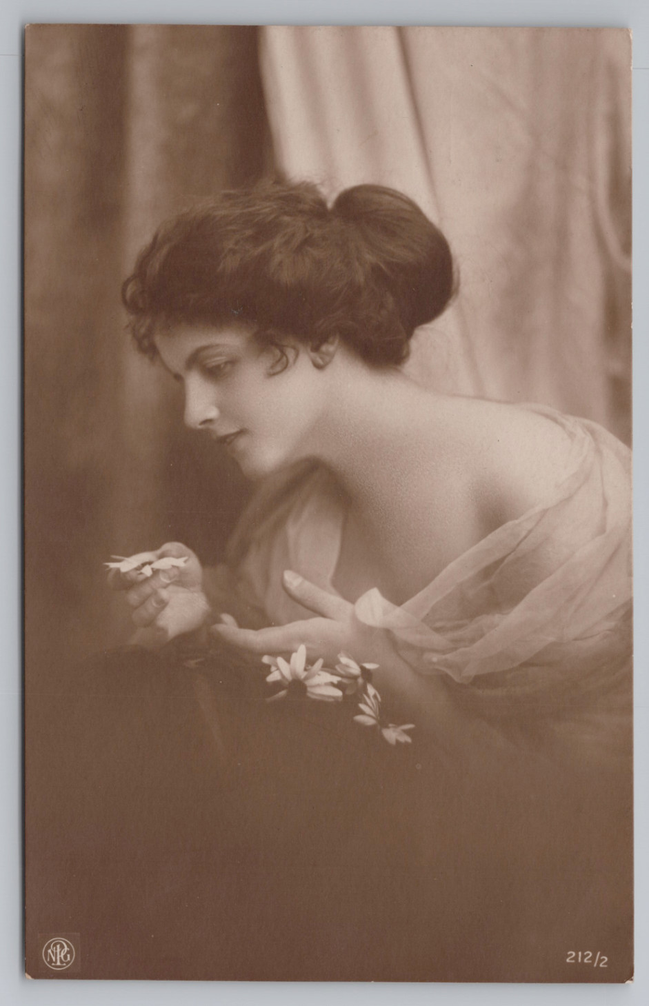 1910 RPPC Beautiful Edwardian Woman Portrait w/ Flowers Postcard