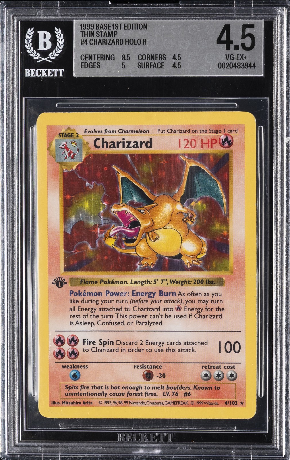 1999 BASE SET 1ST EDITION THIN STAMP #4 CHARIZARD BGS 4.5