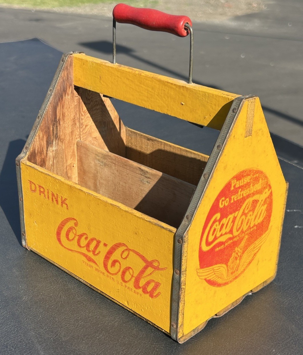 Coca Cola 6-Bottle WW II War Wings 1940's Wooden Yellow Vintage Carrier