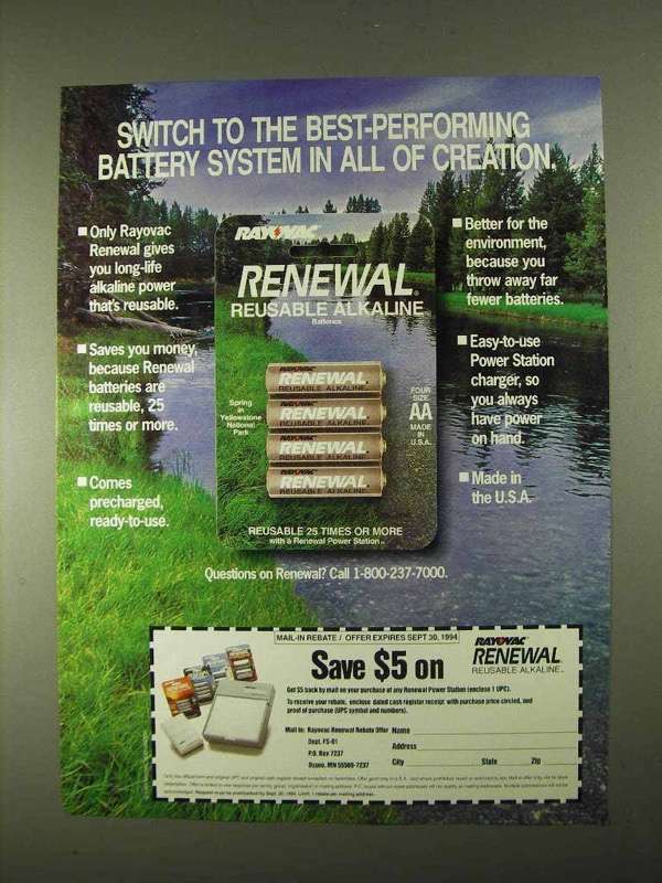1994 Rayovac Renewal Reusable Alkaline Batteries Advertisement