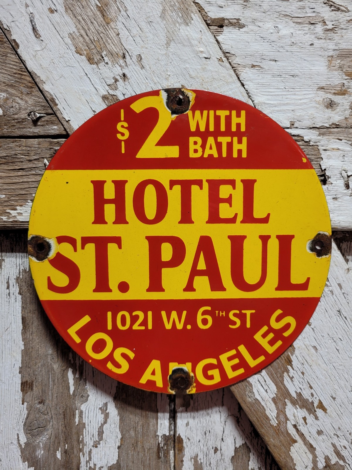 VINTAGE HOTEL ST. PAUL PORCELAIN SIGN OLD LOS ANGELES MOTEL $2 BATH ROOMS LODGE