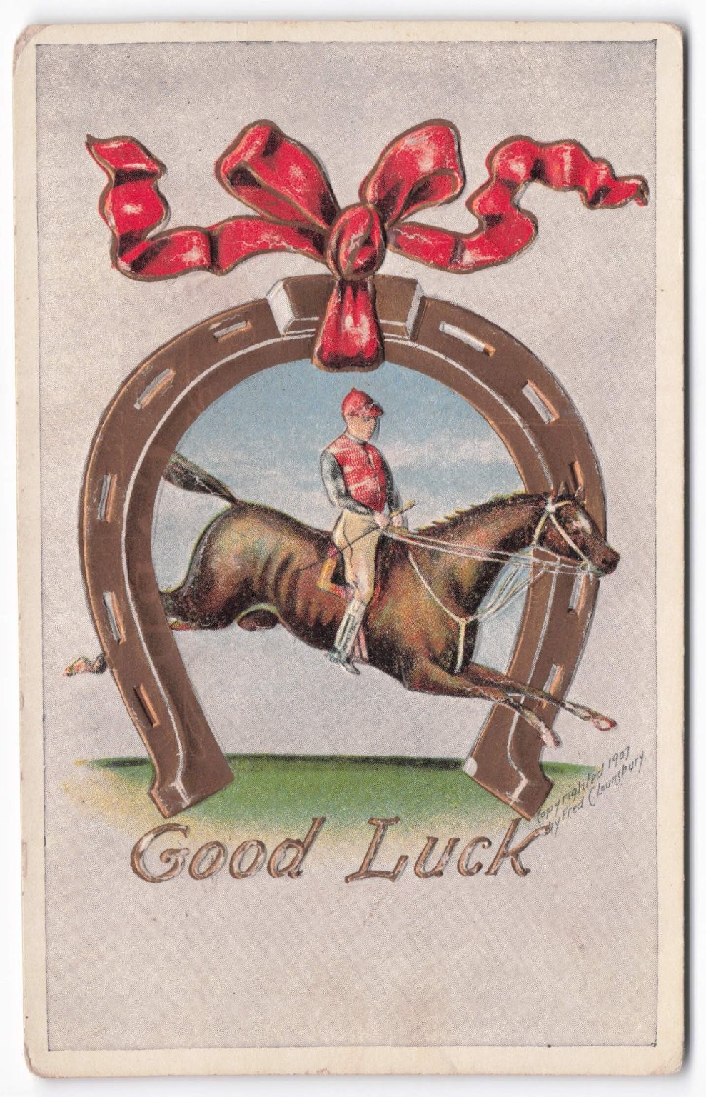 1907 Good Luck Horse Racing Jockey Horseshoe Embossed Postcard Fred Lounsbury