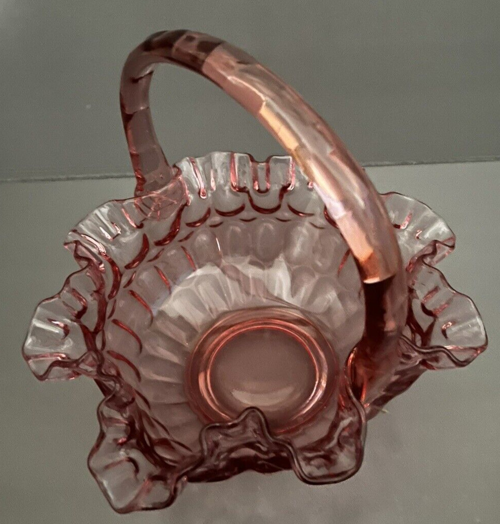 Fenton Cranberry Pink Basket Ruffled Edge Glass Applied Handle Thumbprint VTG