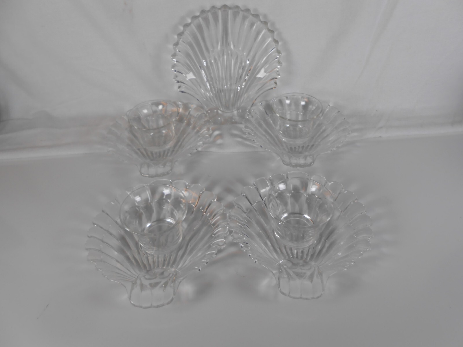 VTG 1950\'s Federal Glass Set of 4 Shrimp Cocktail Set Shell Shape + Divided Dish