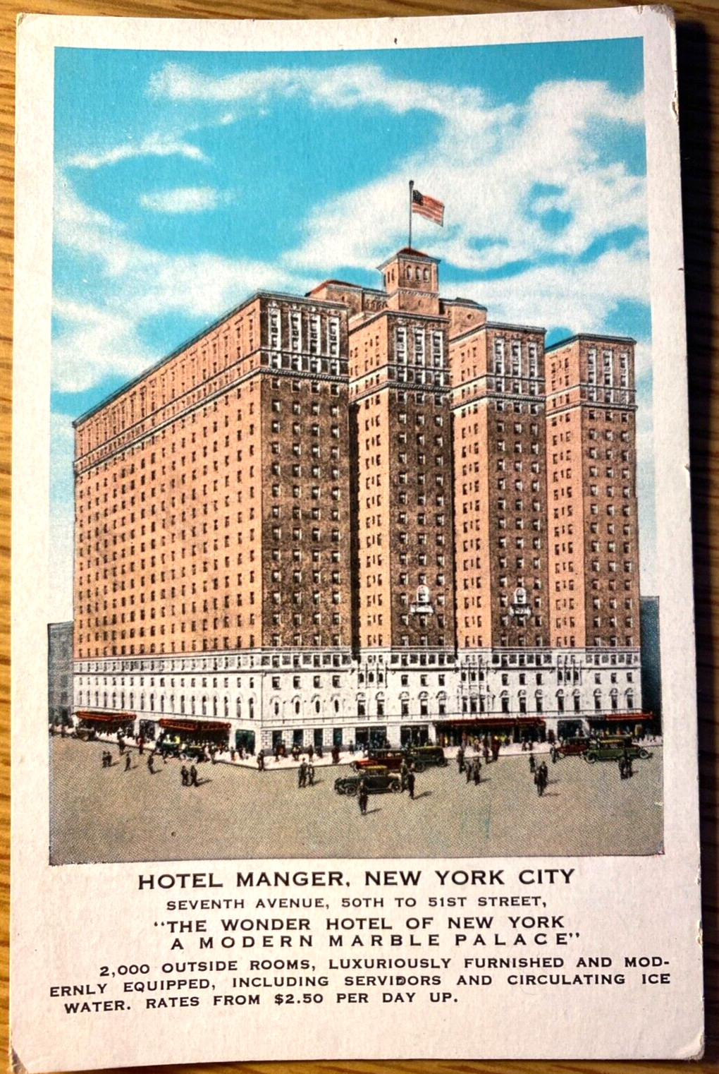 1920s HOTEL MANGER - NEW YORK CITY old colorful postcard A MODERN MARBLE PALACE