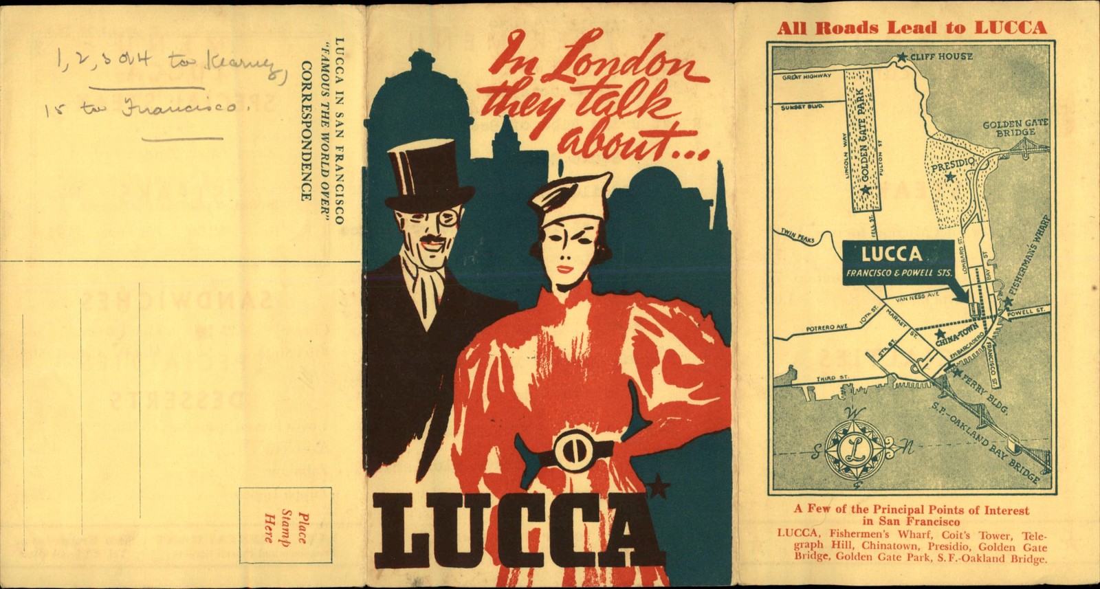 San Francisco Lucca Restaurant 3 PANEL FOLD OPEN MENU & MAP c1940 Postcard