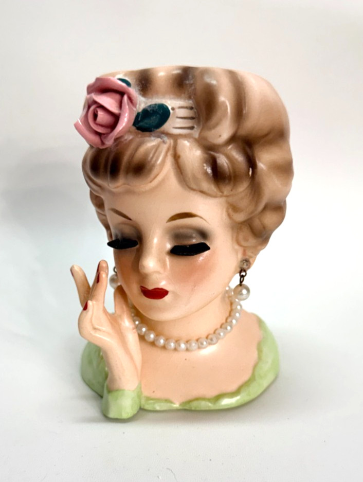 Vintage 1961 Inarco Lady Head Vase E-193/S Hand to Face Rose Pearls Japan 4.5\